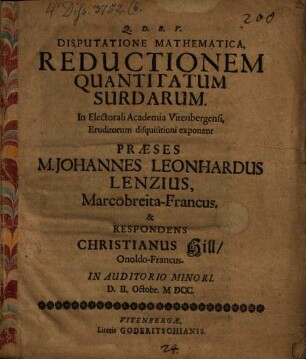 Disp. math. reductionem quantitatum surdarum