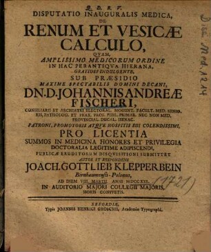 Disputatio Inauguralis Medica, De Renum Et Vesicae Calculo