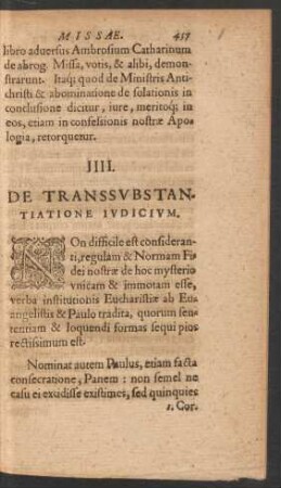 IIII. De Transsubstantiatione Iudicium.