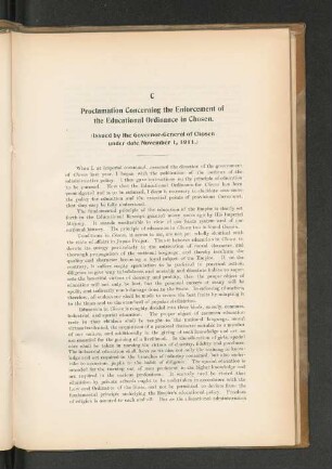 C Proclamation Concerning the Enforcement of the Educational Ordinance in Chosen. (Issued by the Governor-General of Chosen under date November 1, 1911.)