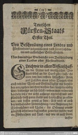 Erster Theil. Von Beschreibung eines Landes und Fürstenthums insgemein und nach seiner sichtbaren und äusserlichen Beschaffenheit