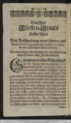 Erster Theil. Von Beschreibung eines Landes und Fürstenthums insgemein und nach seiner sichtbaren und äusserlichen Beschaffenheit