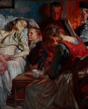 Trauernde an einem Sterbebett (Totenandacht)