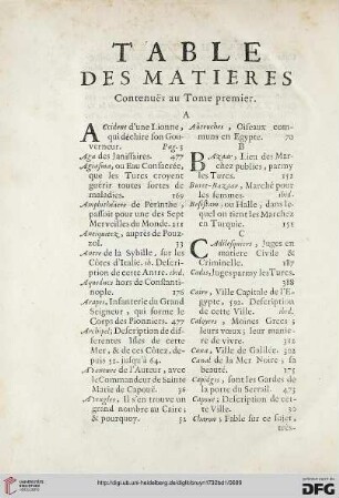 Table des matières contenuës au tome premier