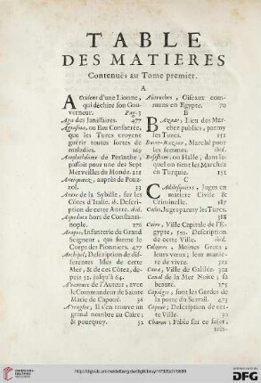 Table des matières contenuës au tome premier