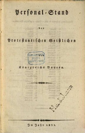 Personalstand der protestantischen Geistlichen des Königreichs Bayern. 1831