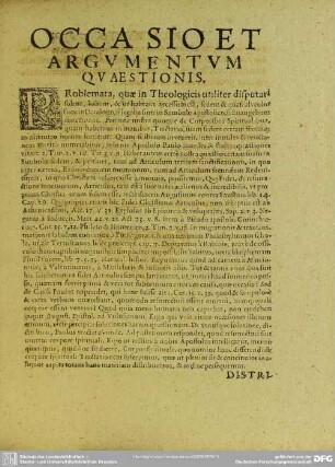 Occasio et Argumentum Quaestionis