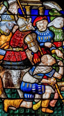 Frankreich. Bretagne. Finistere. Saint Herbot. Chorschranke aus Eichenholz. 16 Jahrhundert. Fenster. 1556. Detail