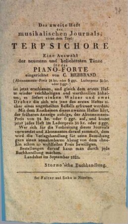 Das zweite Heft des musikalischen Journals, unter dem Titel: Terpsichore eine Auswahl der neuesten und beliebtesten Tänze für das Piano-Forte ... : Landshut im September 1825