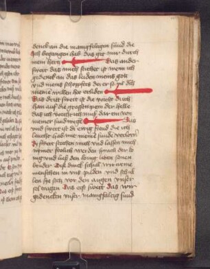 In roter Federzeichnung 3 Schwerter zu den entsprechenden Textstellen