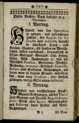 Dieses Rechen-Buch bestehet in 3. Vorträgen.