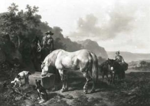 Reiter mit zwei Pferden an der Tränke und Mädchen mit Packesel (in gebirgiger Landschaft)