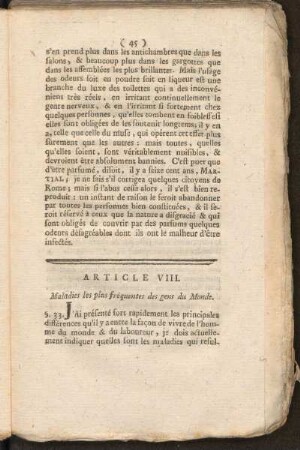 Article VIII. Maladies les plas fréquentes des gens du Monde