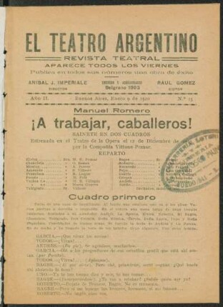 1920001500: ¡A trabajar, caballeros! : sainete en dos cuadros