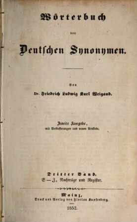 Wörterbuch der Deutschen Synonymen. 3, S - Z. Nachtrag und Register