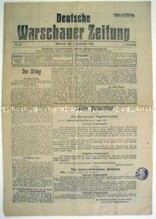 Tageszeitung "Deutsche Warschauer Zeitung" mit Meldungen und Berichten zum Kriegsgeschehen an verschiedenen Fronten