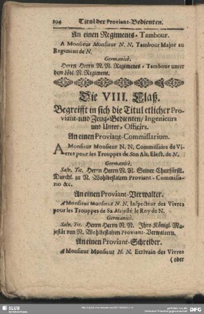 Die VIII. Claß. Begreifft in sich die Titul etlicher Proviant- und Zeug-Bedienten, Ingenieurs und Unter-Officirs