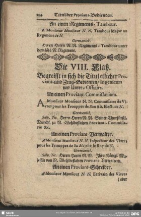 Die VIII. Claß. Begreifft in sich die Titul etlicher Proviant- und Zeug-Bedienten, Ingenieurs und Unter-Officirs