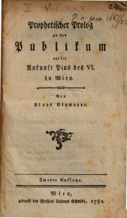 Prophetischer Prolog an das Publikum auf die Ankunft Pius VI in Wien