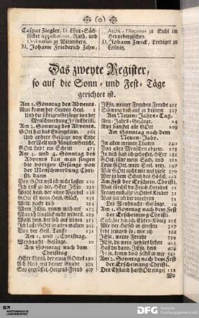 Das zweyte Register, so auf die Sonn- und Fest-Täge gerichtet ist.