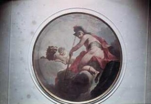 Weibliche Personifikation mit Putto und Löwe