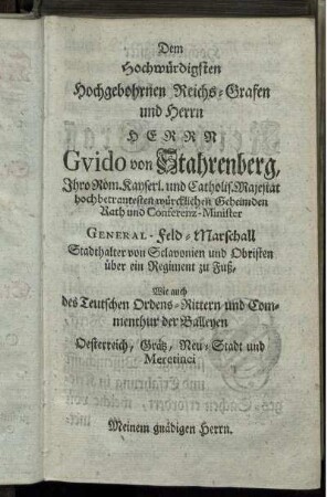 Dem hochwürdigen hochgebohrnen Reichs-Grafen und Herrn Gvido von Stahrenberg...