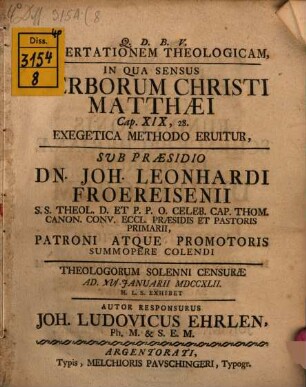 Diss. theol. in qua sensus verborum Christi, Matthaei cap. XIX, 28. exegetica methodo eruitur