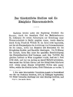 Das thierärztliche Studium und die Königliche Thierarzneischule