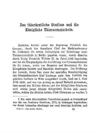 Das thierärztliche Studium und die Königliche Thierarzneischule