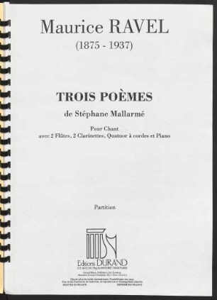 Trois poèmes de Stéphane Mallarmé : pour chant avec 2 flûtes, 2 clarinettes, quatuor à cordes et piano
