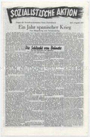 Sozialdemokratisches Exil-Blatt "Sozialistische Aktion" u.a. zum Krieg in Spanien und über die stalinistischen "Säuberungen" in der Sowjetunion