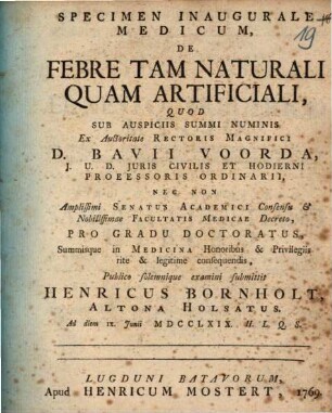 Specimen inaug. med. de febre tam naturali quam artificiali