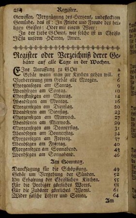 Register oder Verzeichniß derer Gebäter auf alle Tage in der Wochen. - Register derer Gebäter sonderlicher Personen.