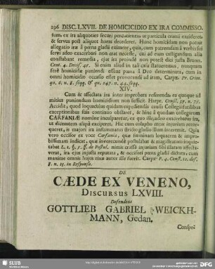 De Caede Veneno, Discursus LXVIII. Defendens Gottlieb Gabriel Weickhmann, Gedan.