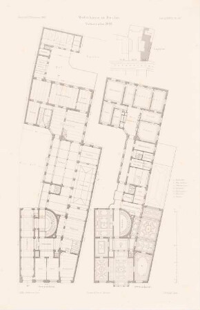 Wohnhaus Voßstraße, Berlin: Lageplan, Grundriss EG, 2.OG (aus: Atlas zur Zeitschrift für Bauwesen, hrsg. v. F. Endell, Jg. 37, 1887)