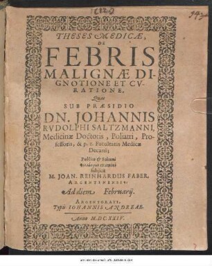 Theses Medicae, De Febris Malignae Dignotione Et Curatione
