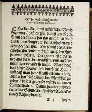 Text folgender Leichpredigt. aus dem Syrach am 38. cap.