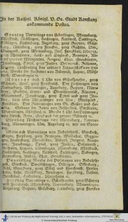 In der Kaiserl. Königl. V. Oe. Stadt Konstanz ankommende Posten.