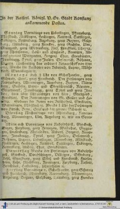 In der Kaiserl. Königl. V. Oe. Stadt Konstanz ankommende Posten.