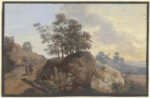 Baumpartie mit Felsen zwischen zwei Wegen, links zwei Männer, einer beritten, rechts zwei Figuren und Blick in die Ferne