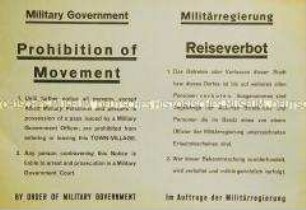 Maueranschlag der Alliierten Militärregierung mit dem Verbot des Verlassens der Stadt (zweisprachig)