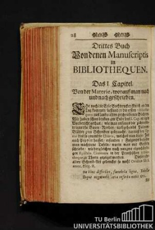 Drittes Buch. Von denen Manuscriptis in Bibliothequen.