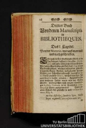 Drittes Buch. Von denen Manuscriptis in Bibliothequen.
