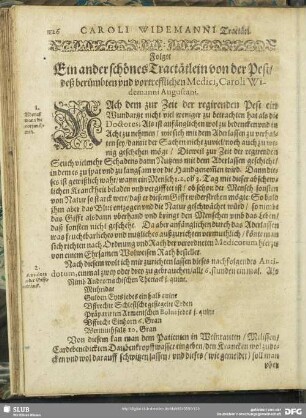 Caroli Widemanni Tractätl. Folget Ein ander schönes Tractätlein von der Pest, deß berühmbten und vortrefflichen Medici, Caroli Widemanni Augustani