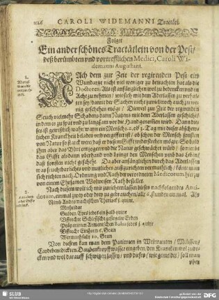 Caroli Widemanni Tractätl. Folget Ein ander schönes Tractätlein von der Pest, deß berühmbten und vortrefflichen Medici, Caroli Widemanni Augustani