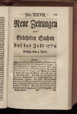 No. XXVII. Leipzig den 4. April. - No. XXXIV. Leipzig den 28. April.