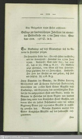 Gesänge zur hundertjährigen Jubelfeyer der erneuerten Brüderkirche am 17ten Junij 1822