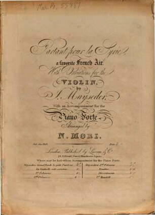 Partant pour la Syrie : a favorite French air with variations for the violin, with an accompaniment for the piano forte arr. by N. Mori