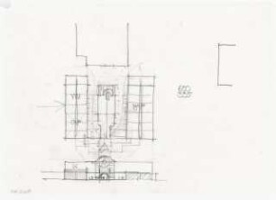 Mensa und Hochschulbibliothek, Karlsruhe Erweiterung: Anbau Bibliothek, Skizze Grundriss + Ansicht