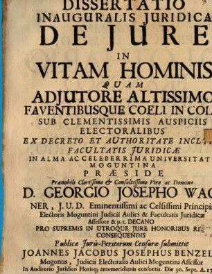 Diss. inaug. ... de iure in vitam hominis